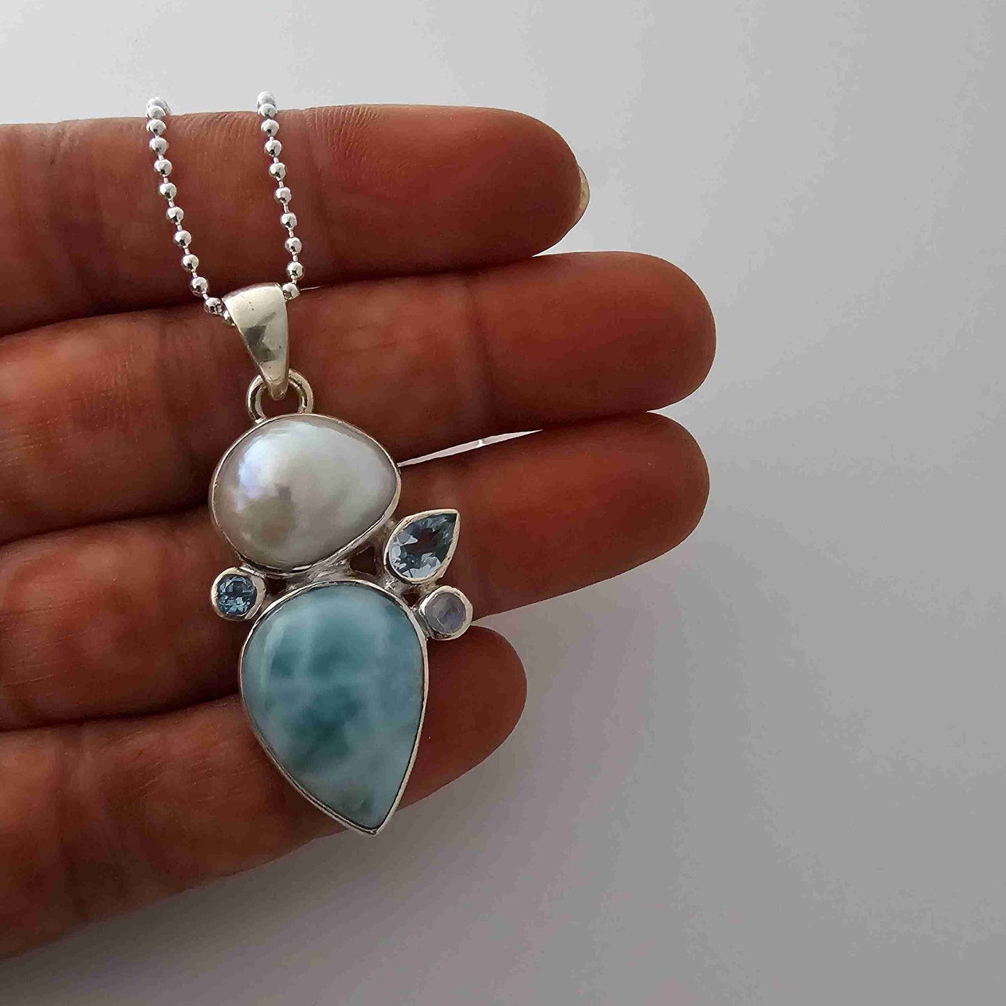 Silver Pearl with Aquamarine Stone Pendant