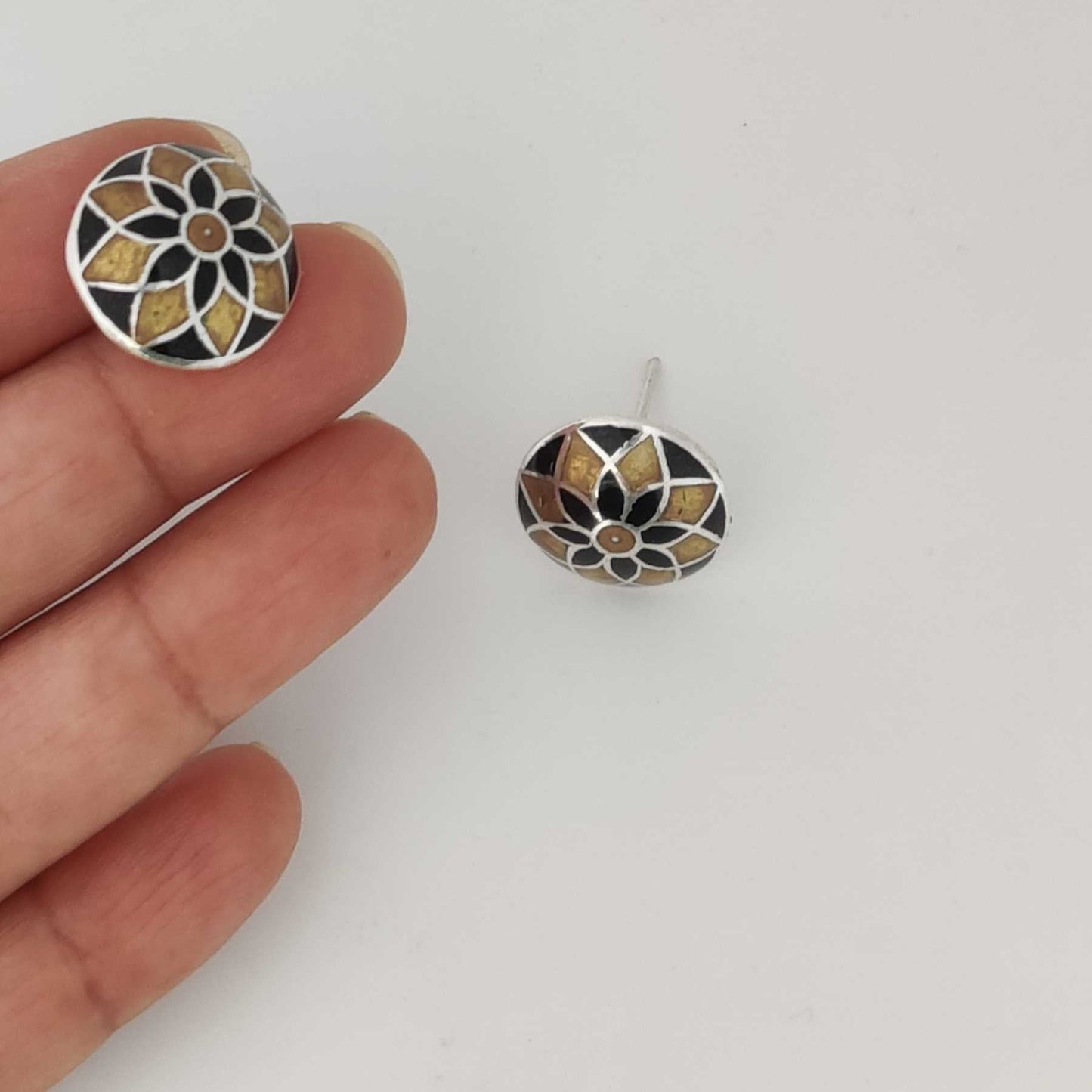 Silver Yellow Black Meenakari Stud