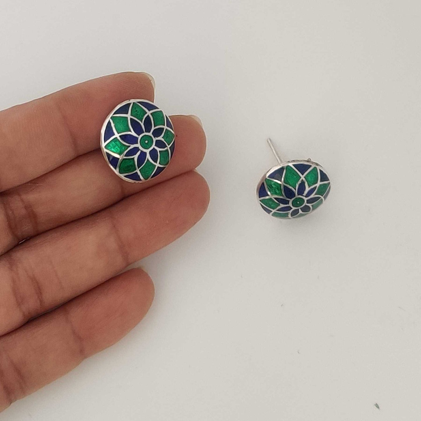 Silver Green Blue Meenakari Stud
