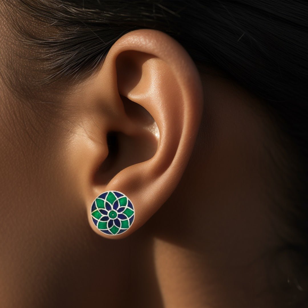 Silver Green Blue Meenakari Stud
