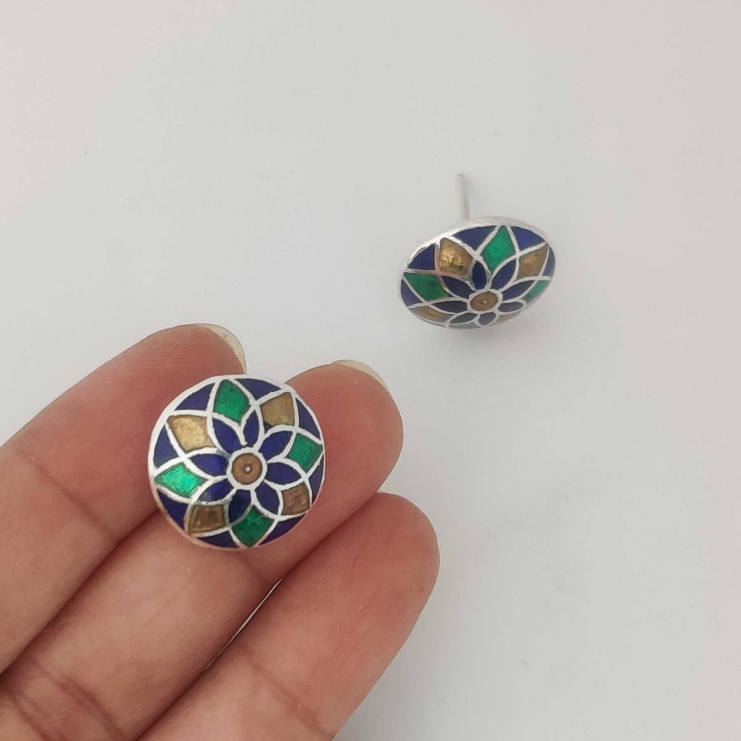Silver Yellow Blue Green Meenakari Stud