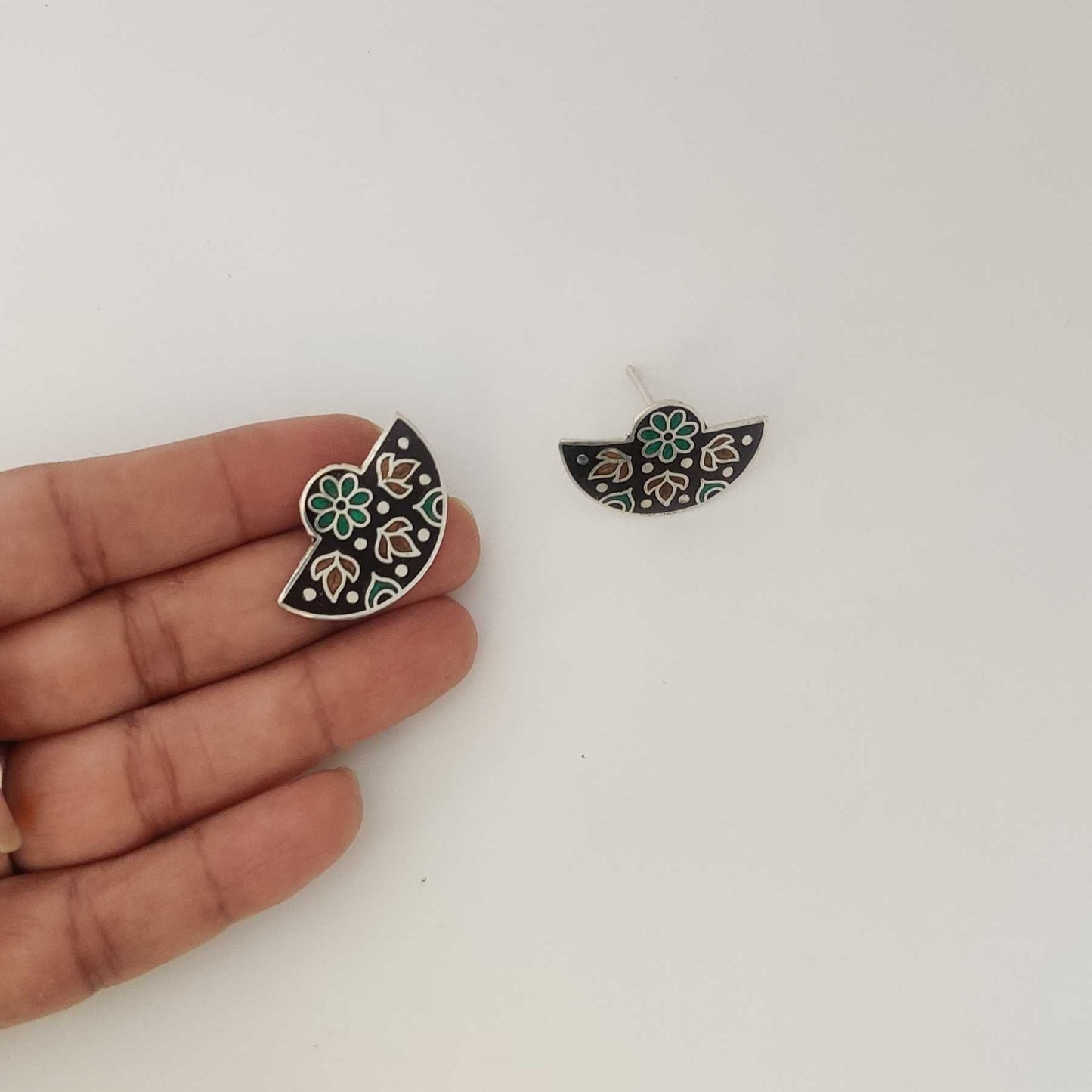 Silver Brown Green Semicircle Meenakari Stud