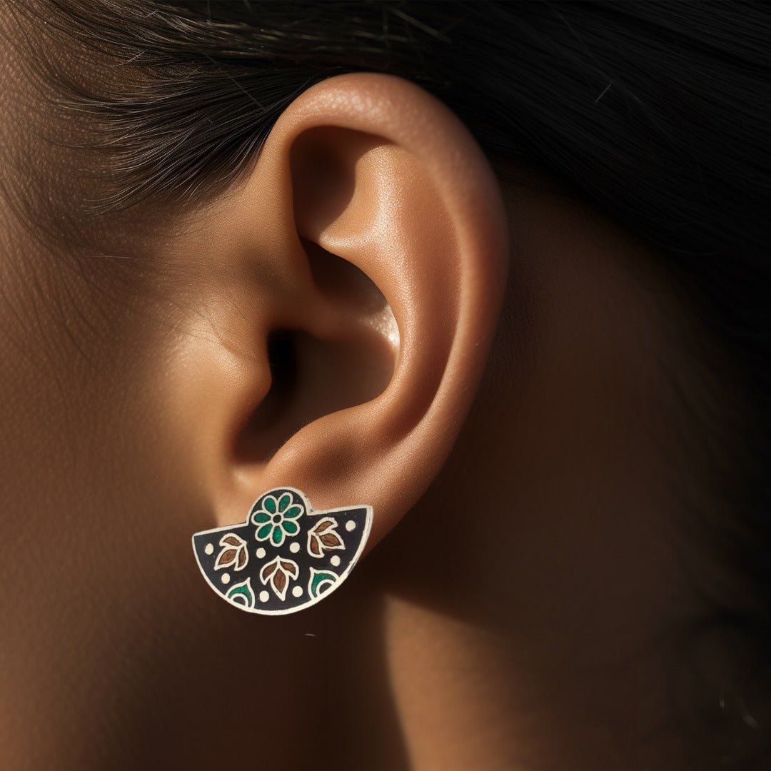 Silver Brown Green Semicircle Meenakari Stud