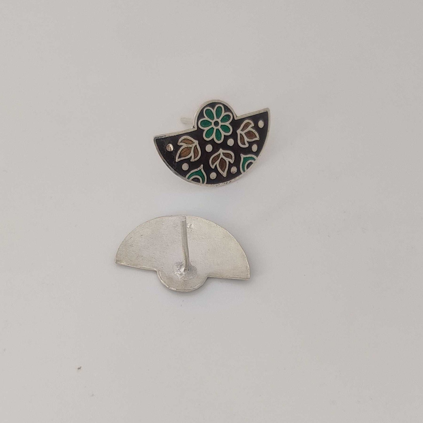 Silver Brown Green Semicircle Meenakari Stud