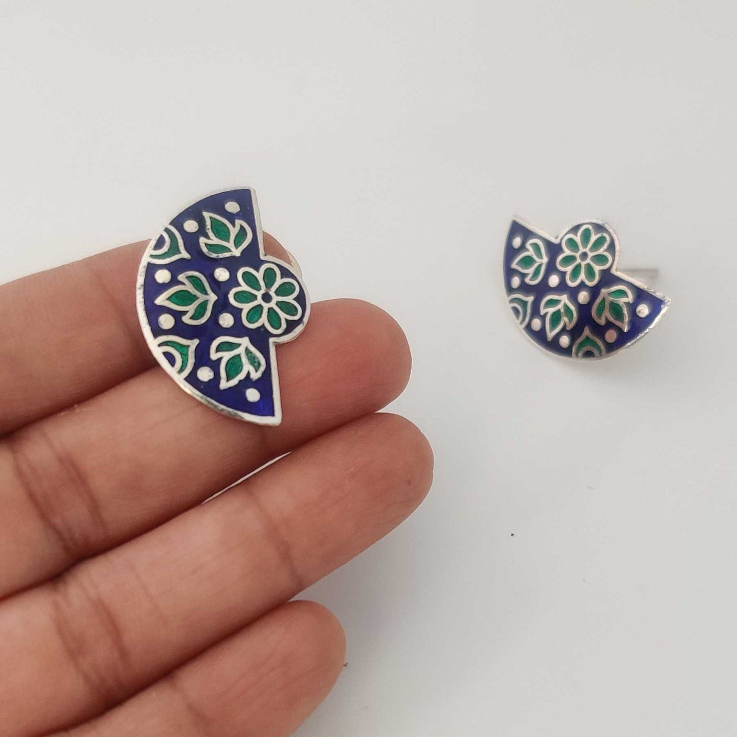 Silver Blue Green Semicircle Meenakari Stud