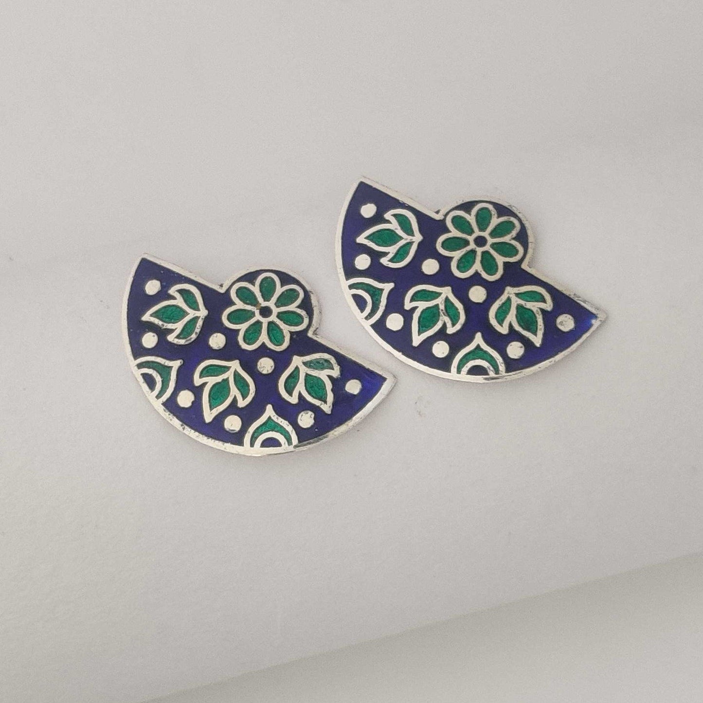 Silver Blue Green Semicircle Meenakari Stud