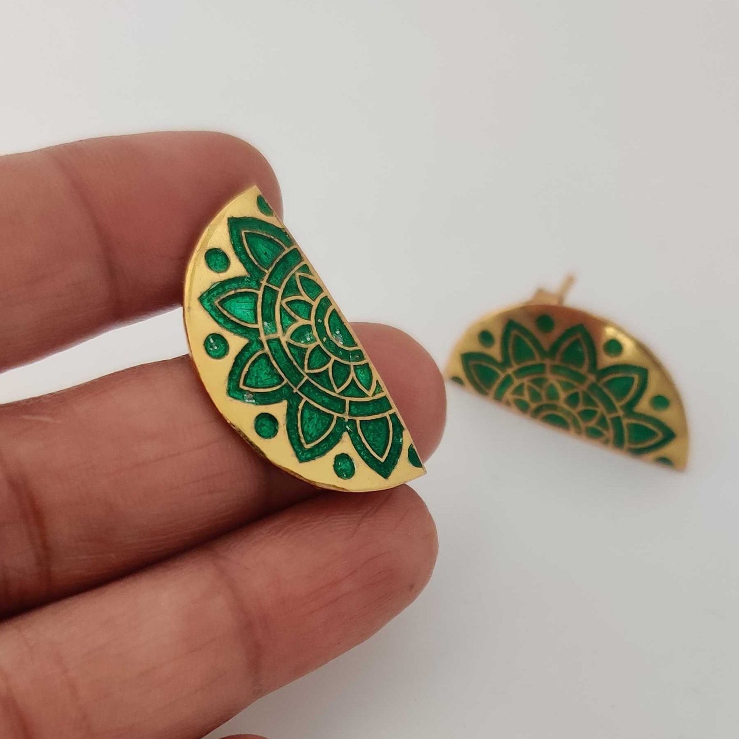 18kt Gold plated Green Semiircle Meenakari Stud