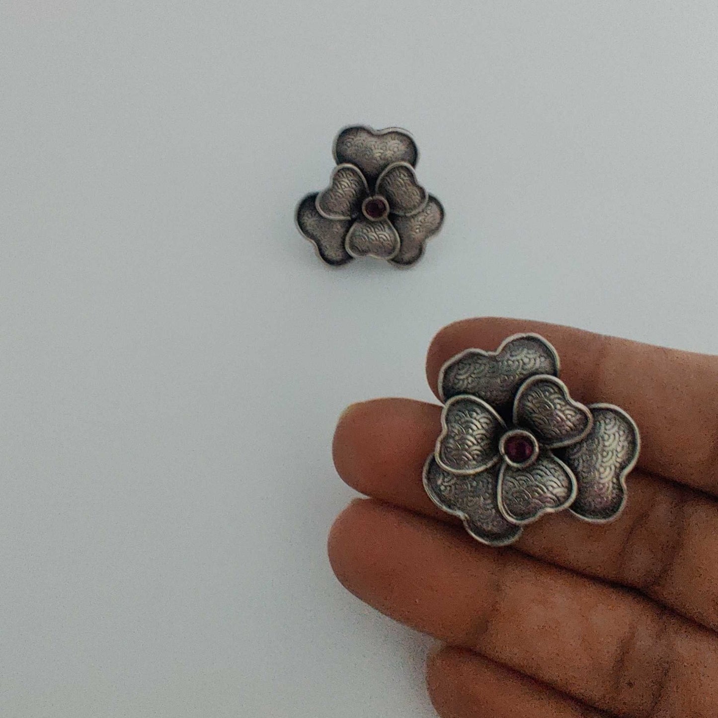 Silver 6 Petal Heart Flower Stud
