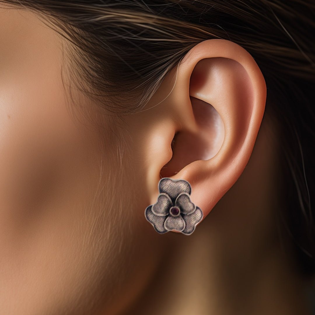 Silver 6 Petal Heart Flower Stud