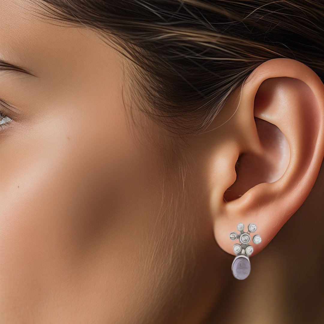 Silver Kundan Purple Cutstone Stud