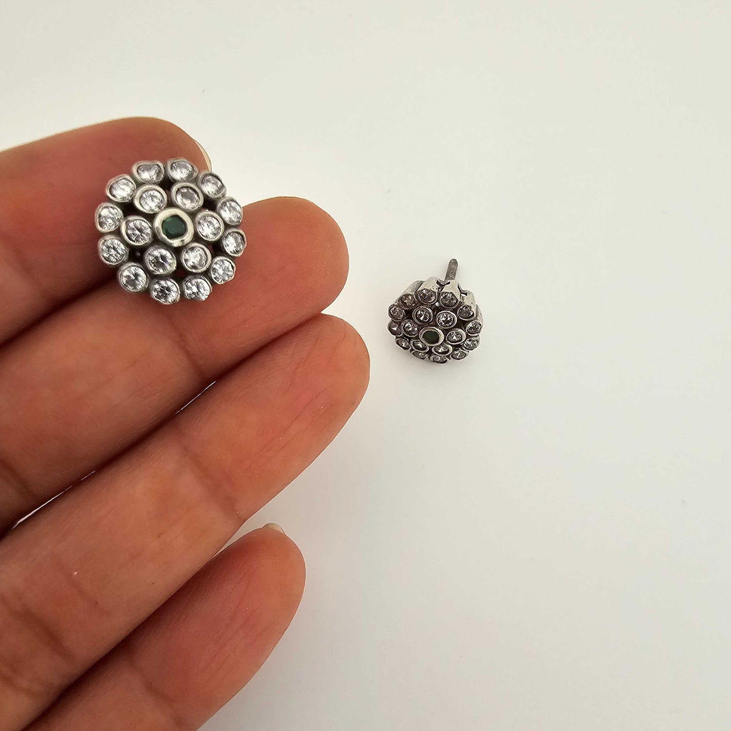 Silver Cutstone Green Center Flower Stud