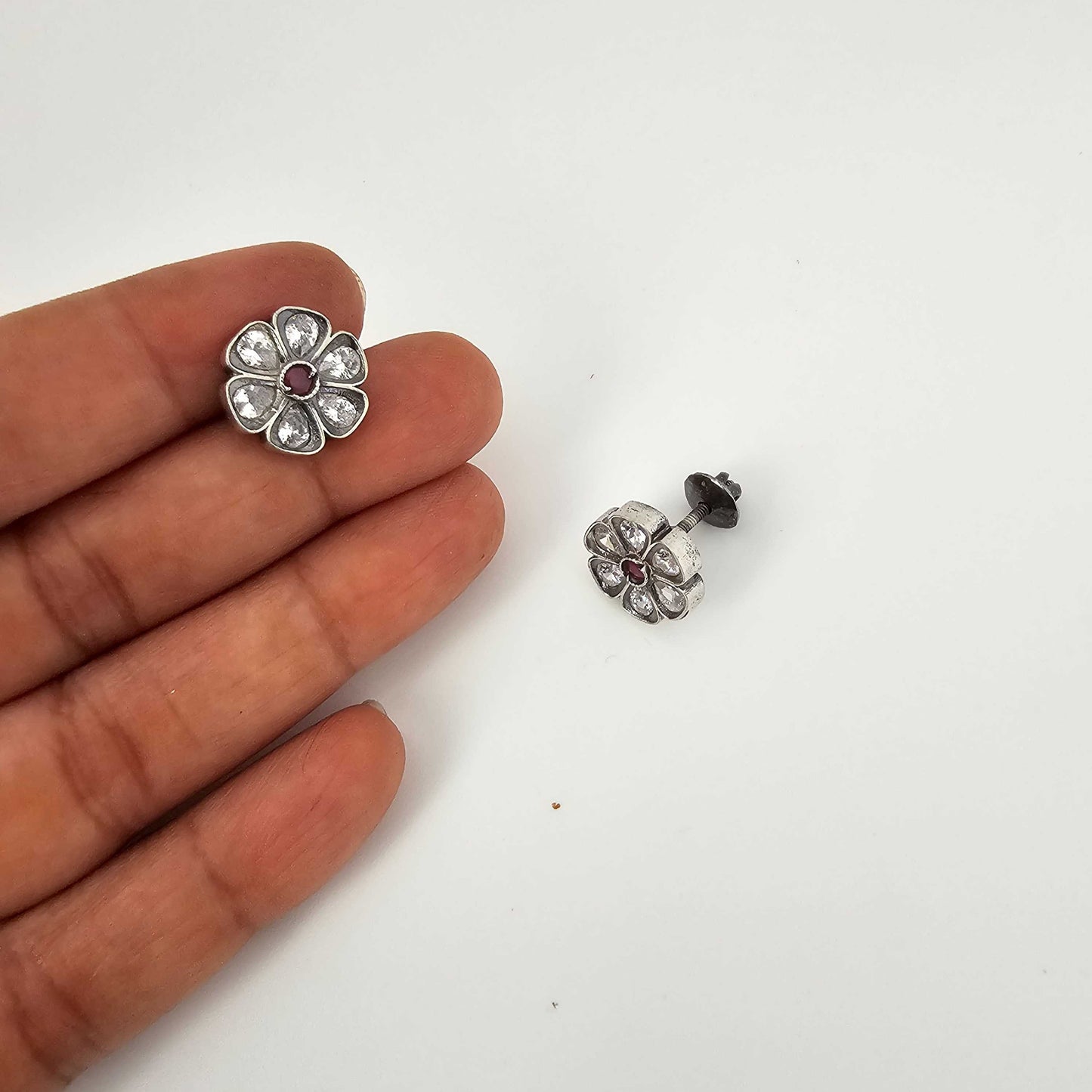 Silver Cutstone Ruby Center 6 Petal Stud
