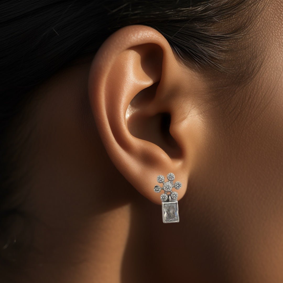 Silver Cutstone White Rectangle Stud