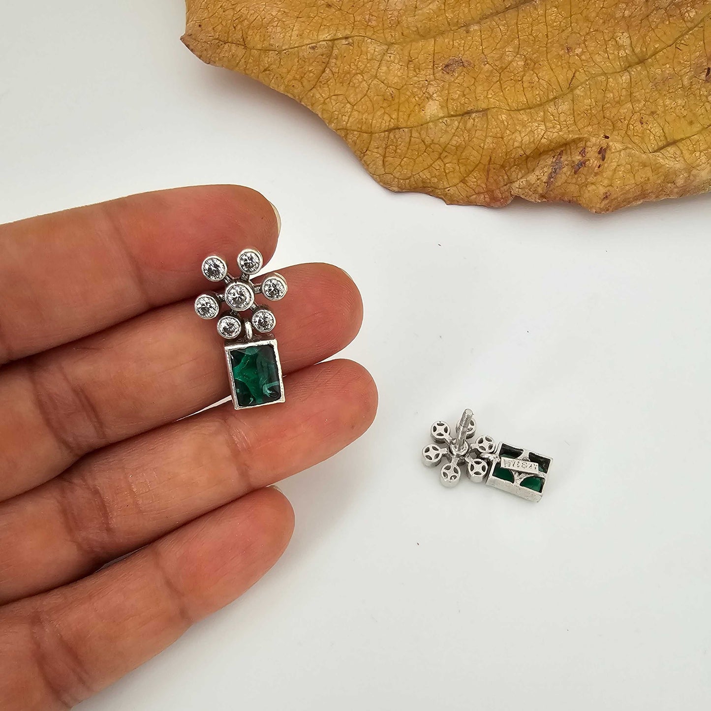 Silver Cutstone Green Rectangle Stud