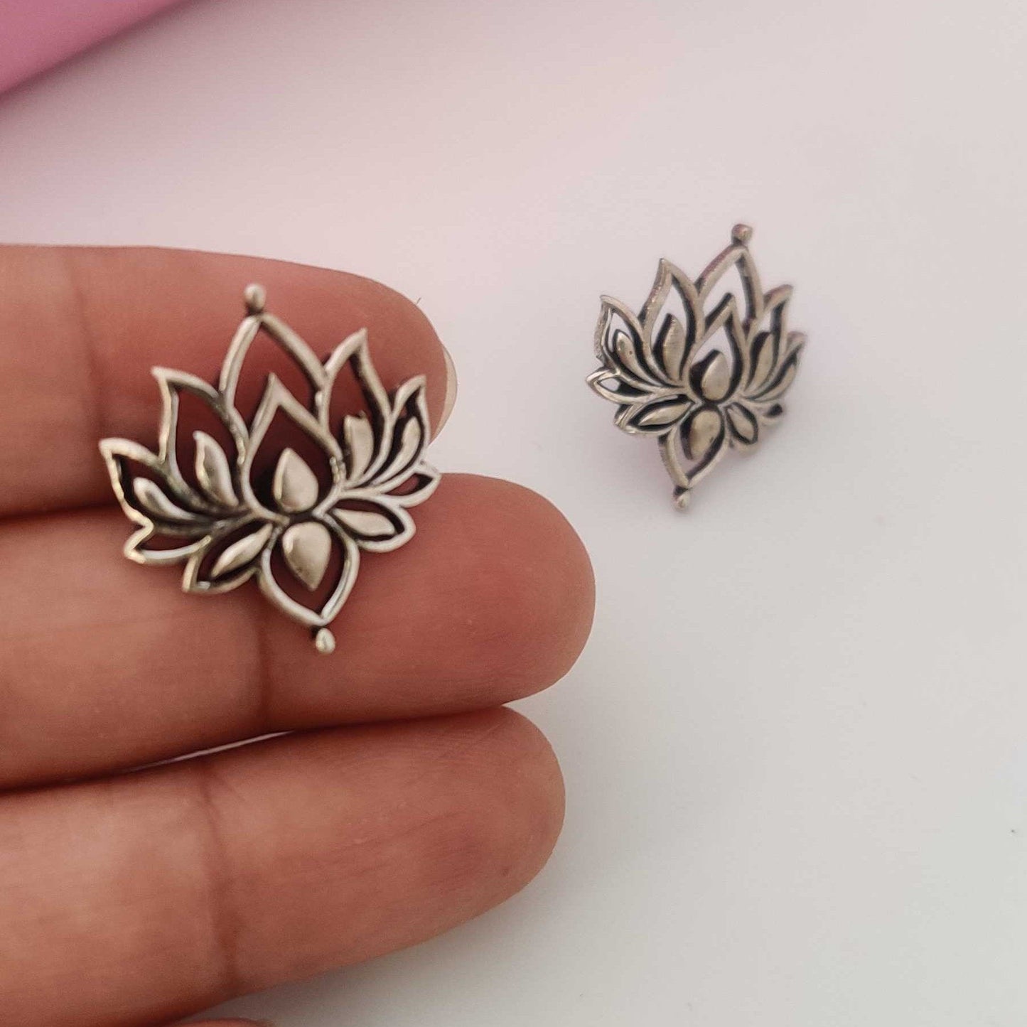 Silver Lotus Oxidised Stud