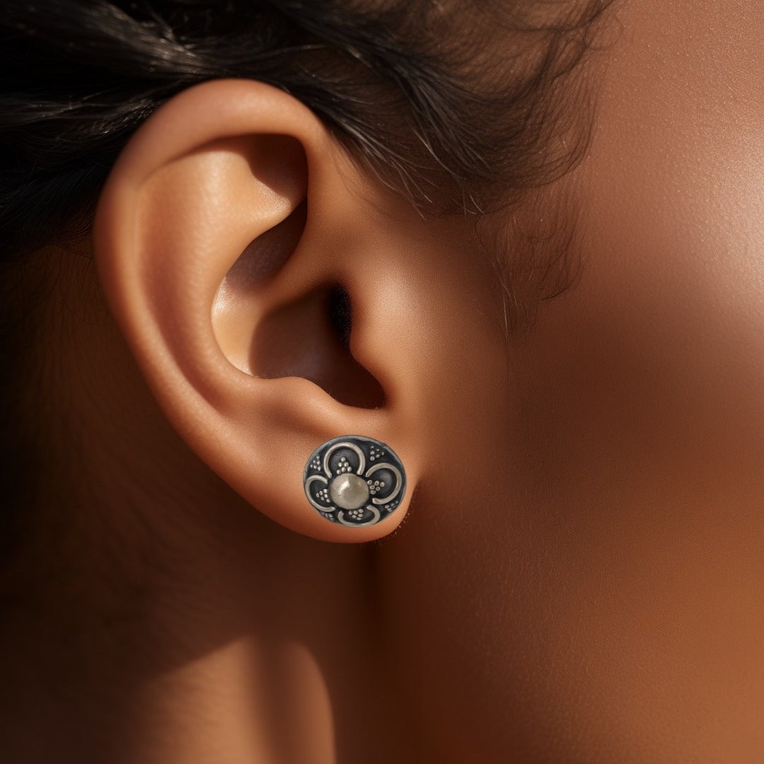 Silver 4 Petal Art Oxidised Stud