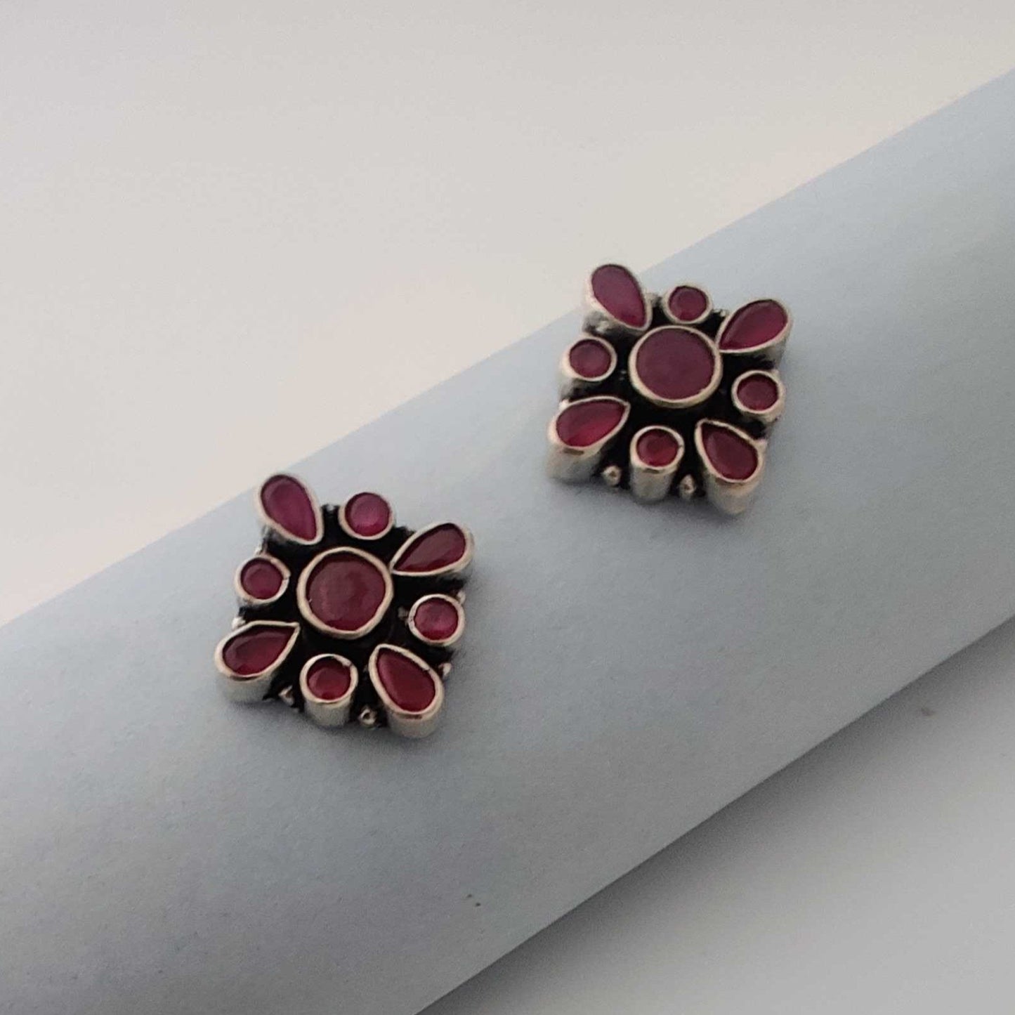 Silver SquareStud-FloralDesign-Ruby