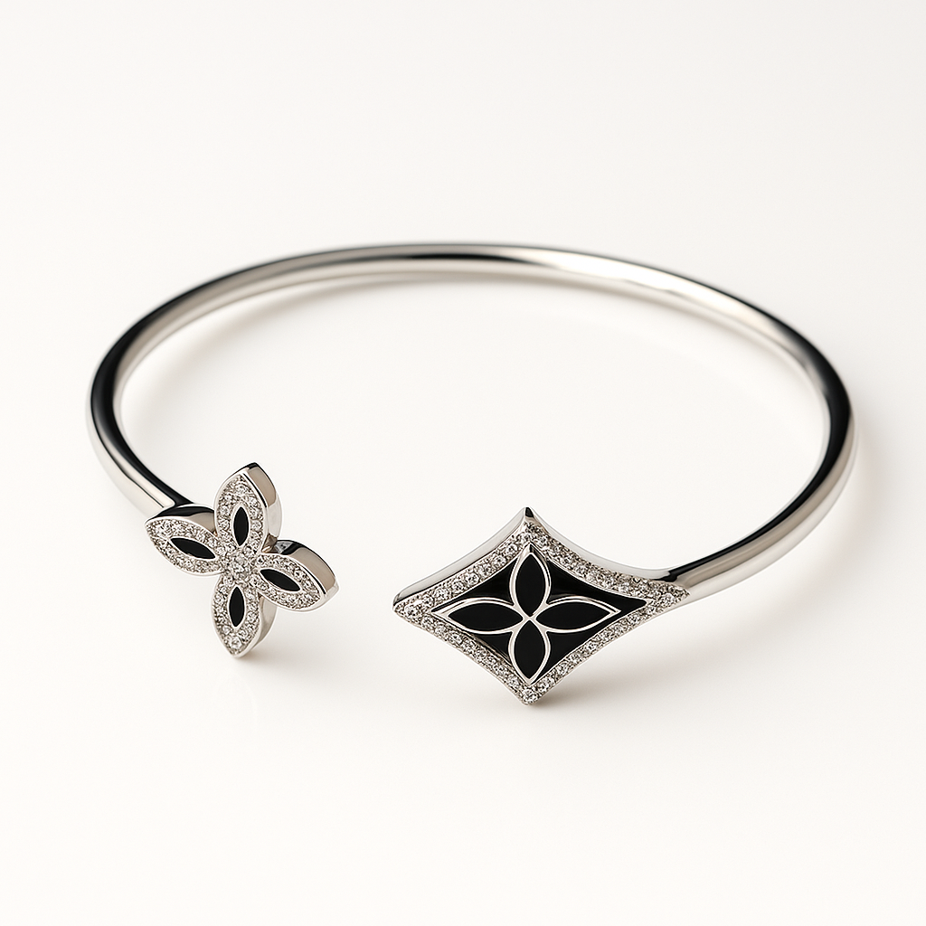 Silver Cutstone Bracelet Black Flower