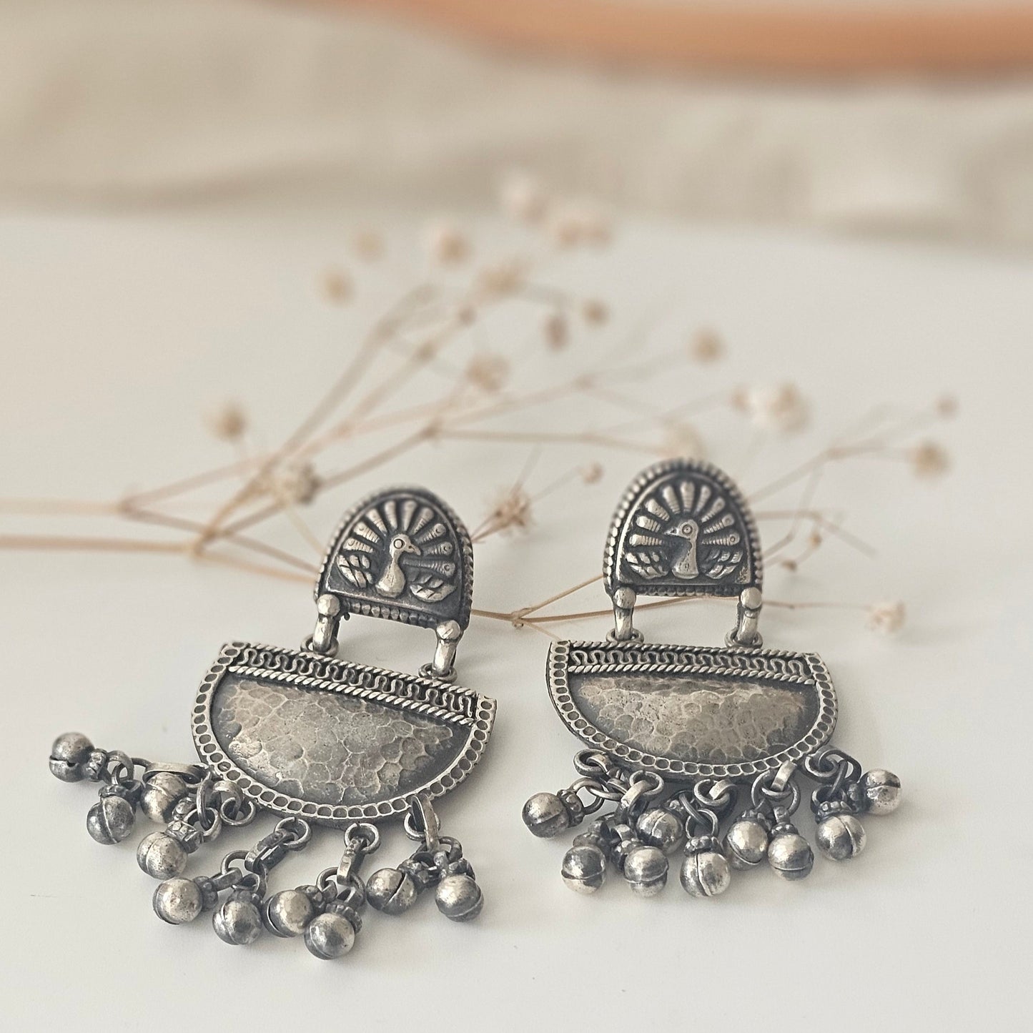 Peacock Jhumki in hammered texture