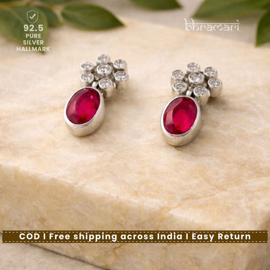 Silver Kundan Red Cutstone Stud