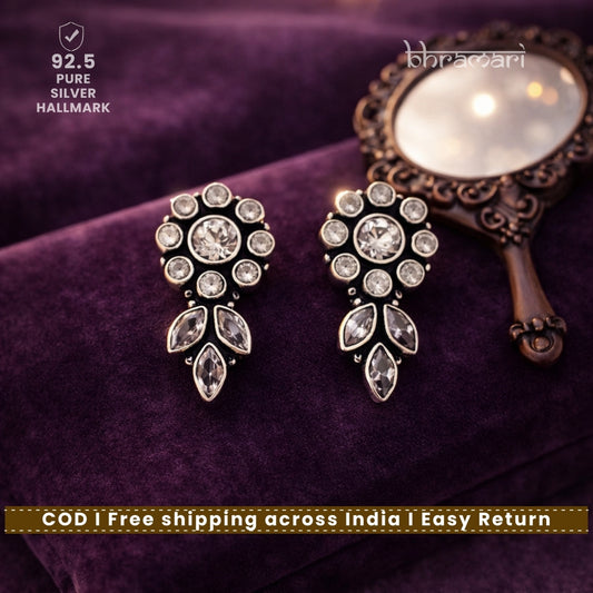 Silver White Cutstone Flower with Leaf Stud