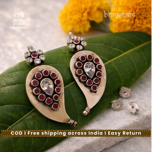 Silver Mango Motif Cutstone Ruby encircled Earring