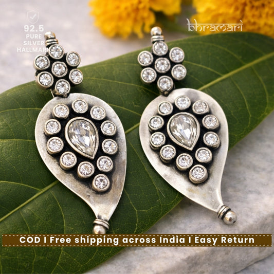Silver Mango Motif Cutstone White Earring