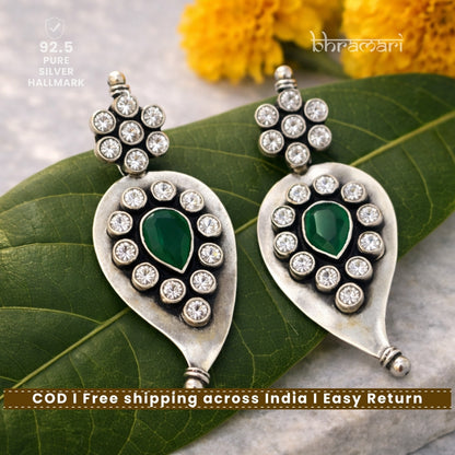 Silver Mango Motif Cutstone Emerald White Earring