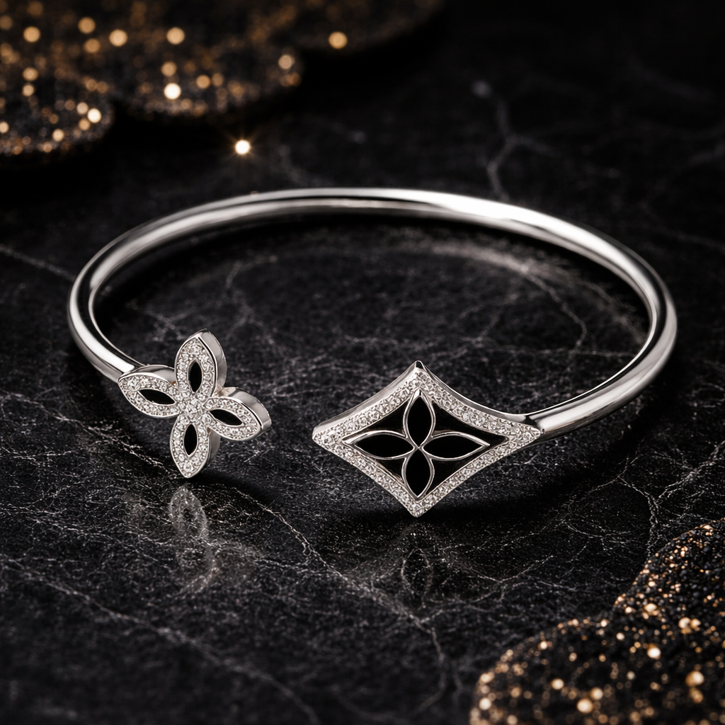 Silver Cutstone Bracelet Black Flower