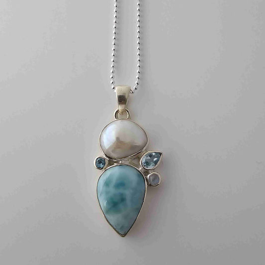 Silver Pearl with Aquamarine Stone Pendant