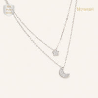 Silver Double Layer Necklace Star Moon Pendant Chain
