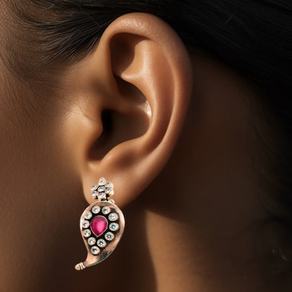 Silver Cutstone Ruby White Earring
