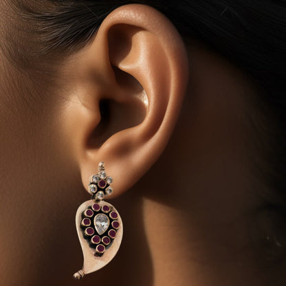 Silver Cutstone Ruby encircled White Earring