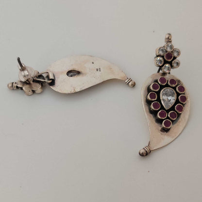 Silver Cutstone Ruby encircled White Earring