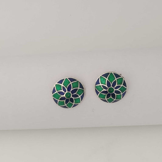 Silver Green Blue Meenakari Stud