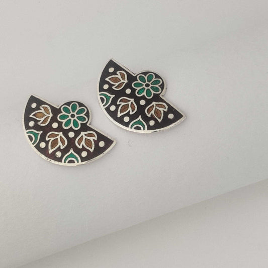 Silver Brown Green Semicircle Meenakari Stud