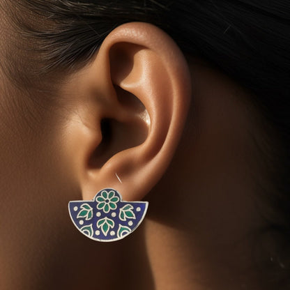 Silver Blue Green Semicircle Meenakari Stud