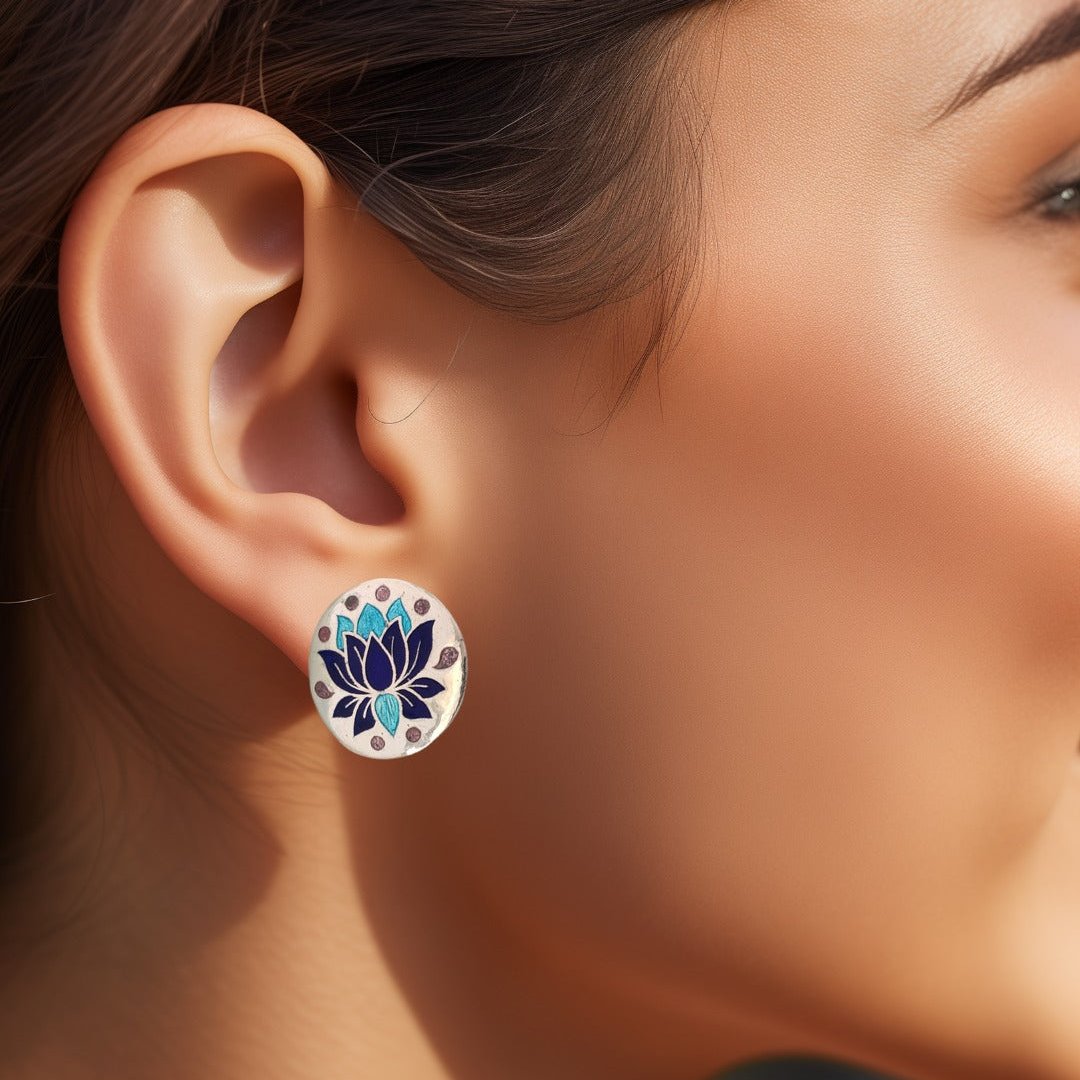 Silver Blue Lotus Meenakari Stud