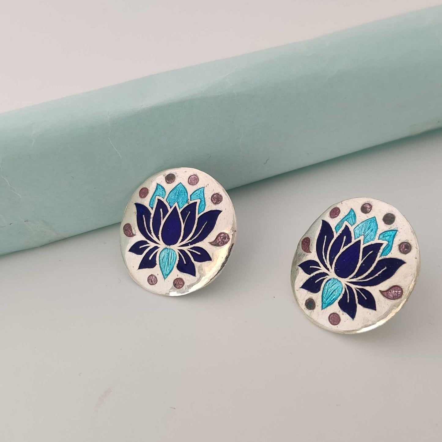 Silver Blue Lotus Meenakari Stud