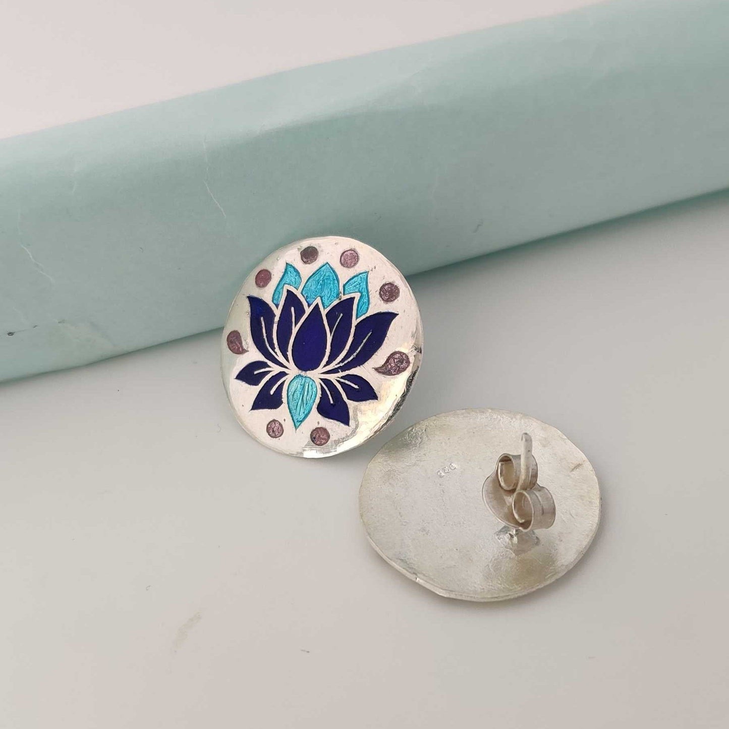 Silver Blue Lotus Meenakari Stud