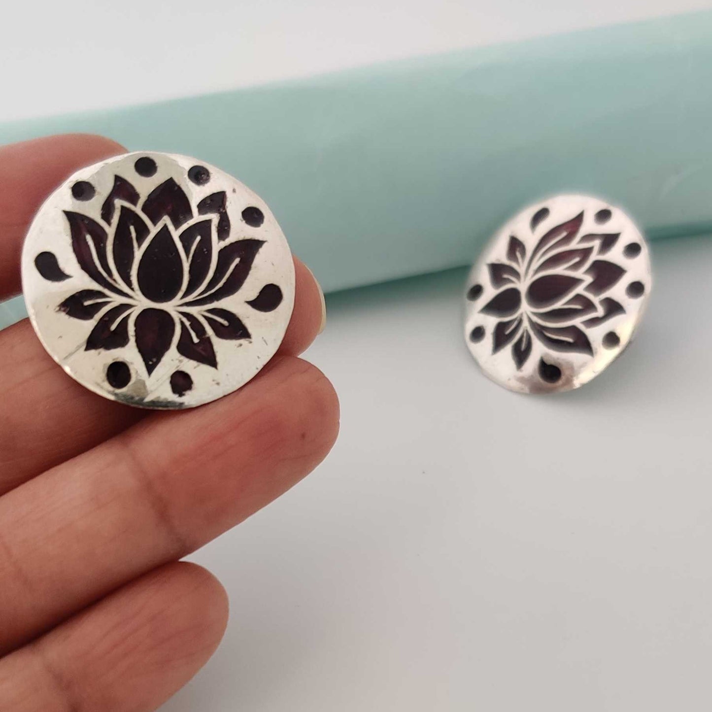 Silver Brown Lotus Meenakari Stud