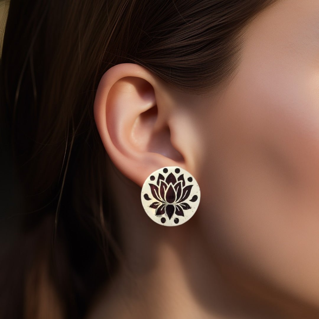 Silver Brown Lotus Meenakari Stud