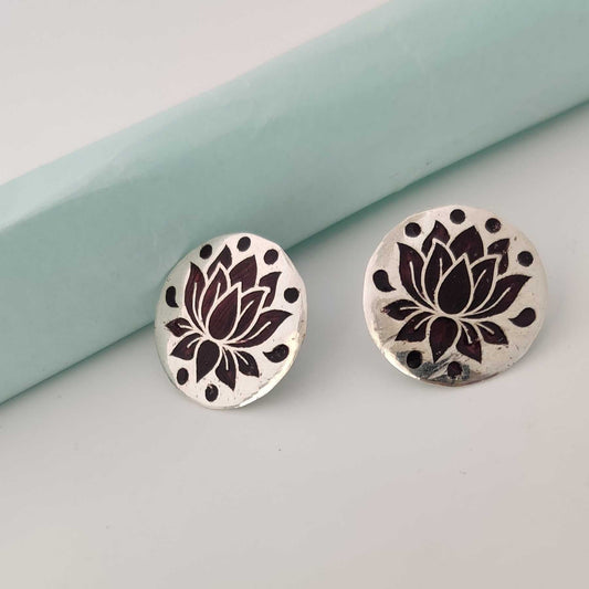 Silver Brown Lotus Meenakari Stud