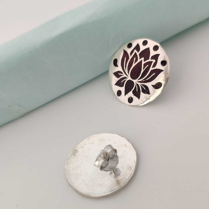 Silver Brown Lotus Meenakari Stud