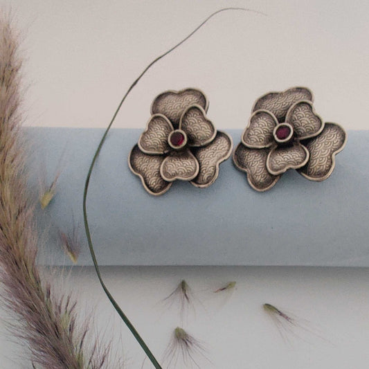 Silver 6 Petal Heart Flower Stud