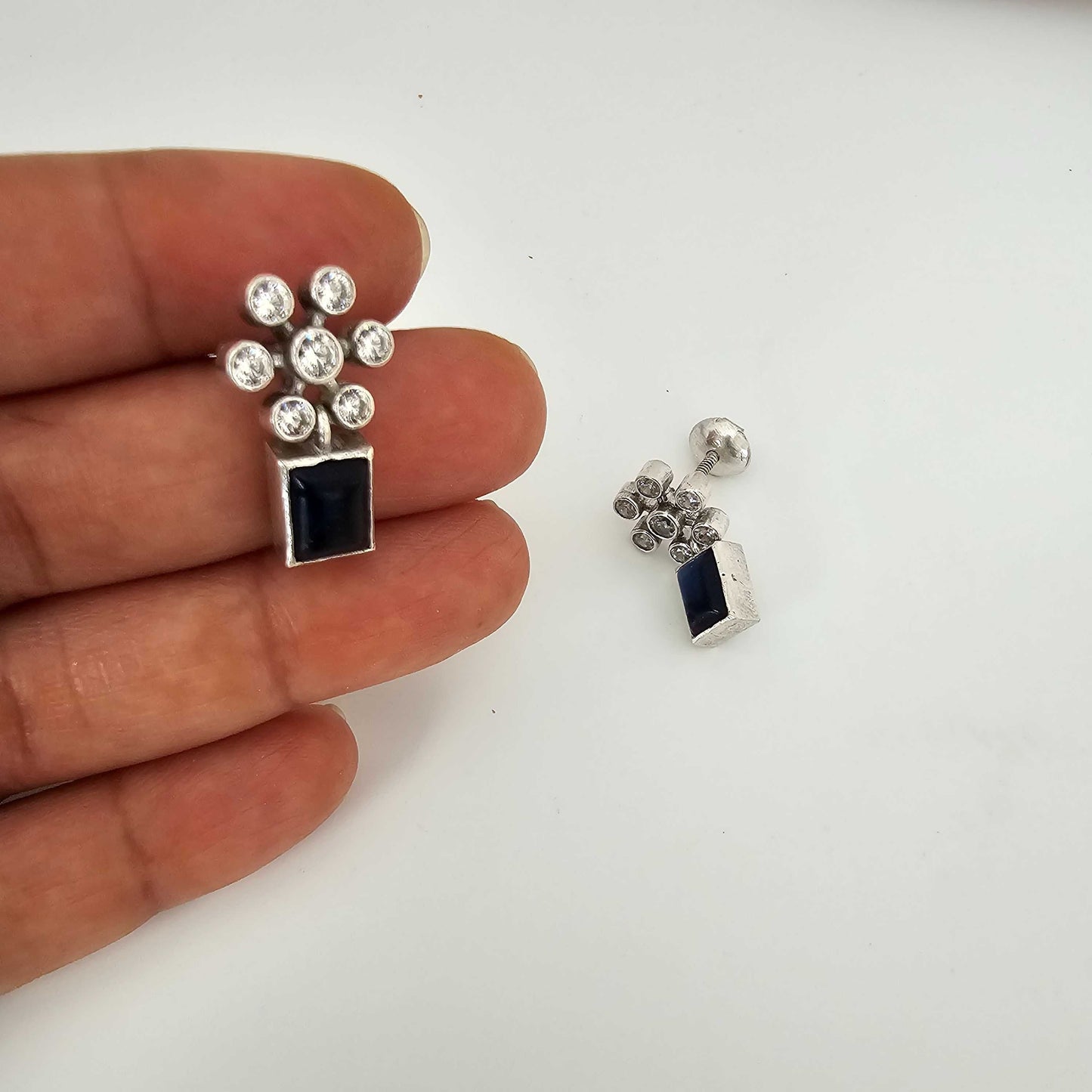 Silver Cutstone Navy Rectangle Stud