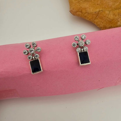 Silver Cutstone Navy Rectangle Stud