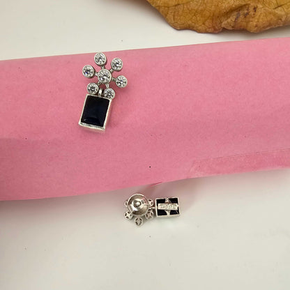 Silver Cutstone Navy Rectangle Stud