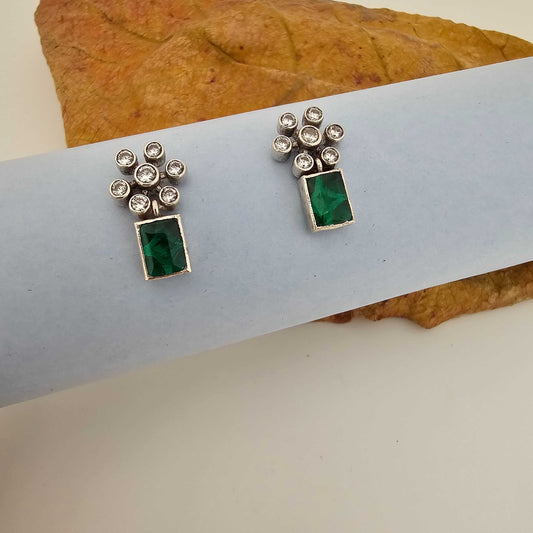 Silver Cutstone Green Rectangle Stud