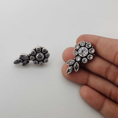 Silver White Cutstone Flower with Leaf Stud